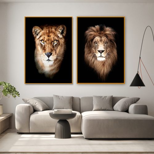 Jogo com 2 Quadros Decorativos Leão e Leoa ao fundo Preto