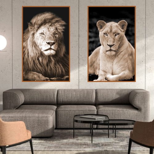 Jogo com 2 Quadros Decorativos Leão e Leoa Vertical