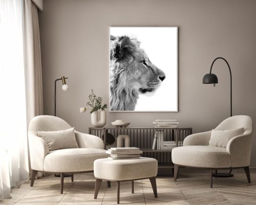 Quadro Decorativo Leão De Lado Preto e Branco