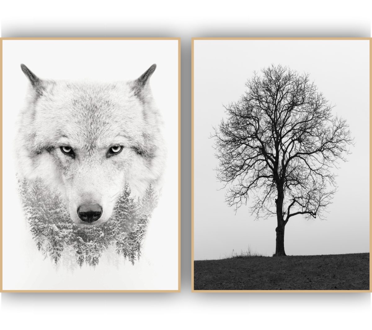 Jogo com 2 Quadros Decorativos Lobo e Árvore Preto e Branco - Imagem 3