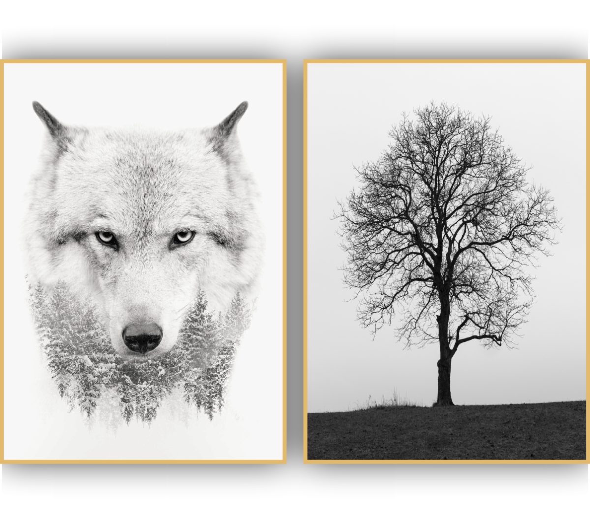 Jogo com 2 Quadros Decorativos Lobo e Árvore Preto e Branco - Imagem 4