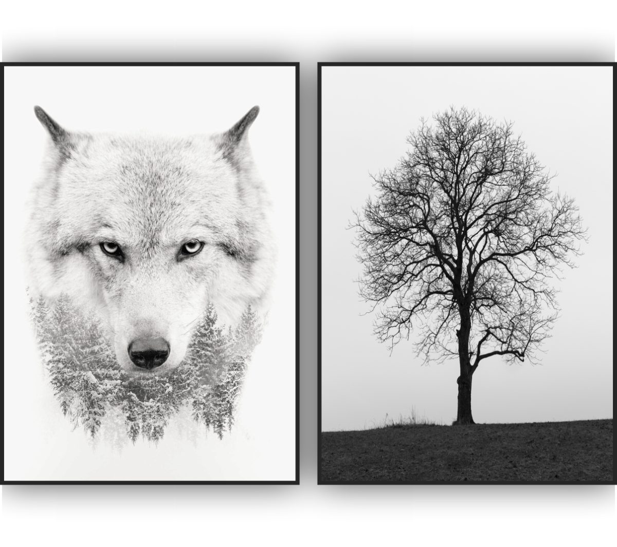 Jogo com 2 Quadros Decorativos Lobo e Árvore Preto e Branco - Imagem 7