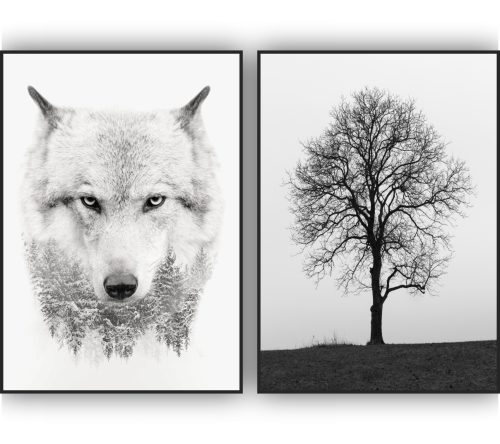 Jogo com 2 Quadros Decorativos Lobo e Árvore Preto e Branco
