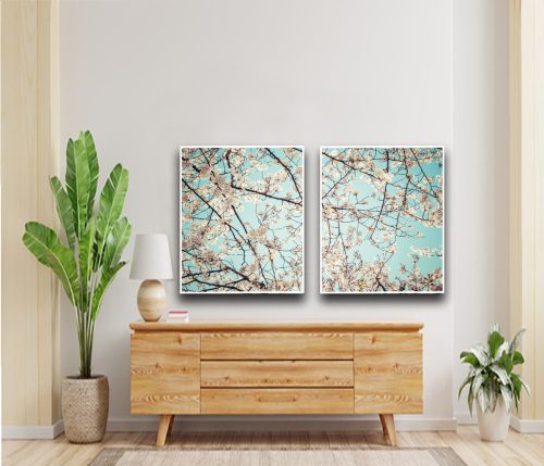 Jogo com 2 Quadros Decorativos Árvores Floridas Brancas