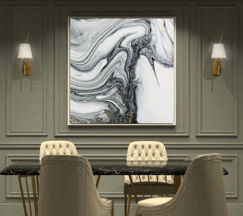 Quadro Decorativo Abstrato Marmorizao Preto e Branco