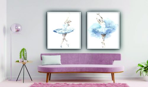 Jogo com 2 Quadros Decorativos Bailarinas Azuis