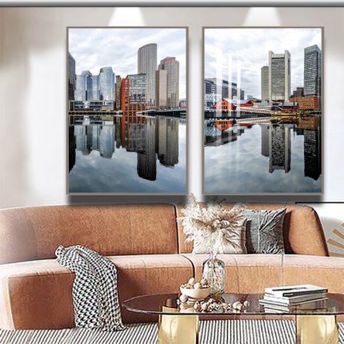 Jogo com 2 Quadros Decorativos Fotografia Cidade Com Prédios e Rio