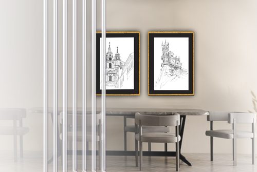 Jogo com 2 Quadros Castelos com Borda Preta