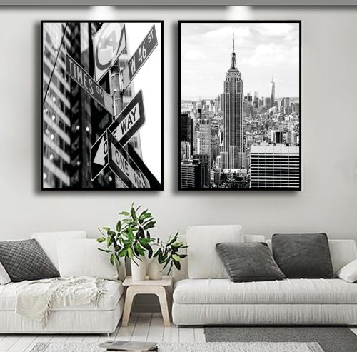 Jogo Com 2 Quadros Decorativos Cidade de Nova York Preto e Branco