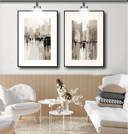 Jogo com 2 Quadros Decorativos Pintura Cidade Com Pessoas