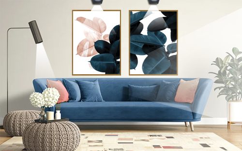 Jogo com 2 Quadros Folhas Azuis e Rosas