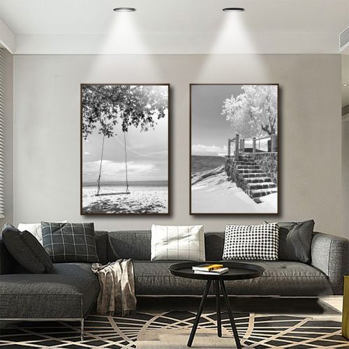 Jogo com 2 Quadros Decorativos Composição Praia Preto e Branco