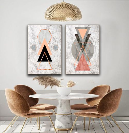 Jogo com 2 Quadros Decorativos Composição Abstrato Geométrico com Detalhes Rose
