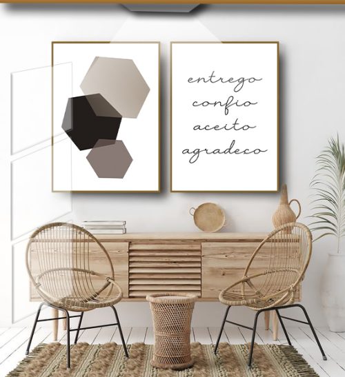 Jogo com 2 Quadros Decorativos Composição Abstrato Geométrico com Escrita