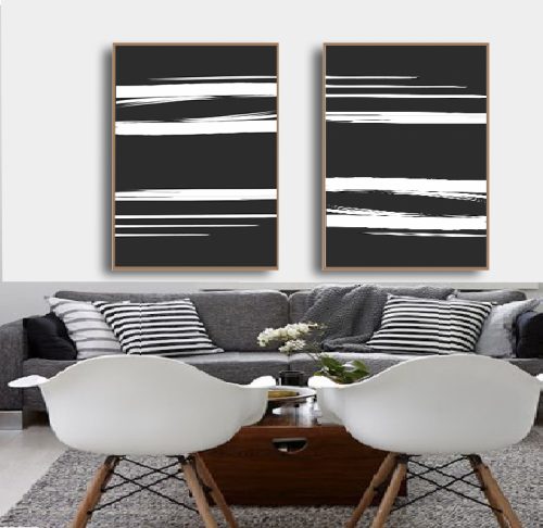 Jogo com 2 Quadros Decorativos Composição Abstrata Preta e Branca