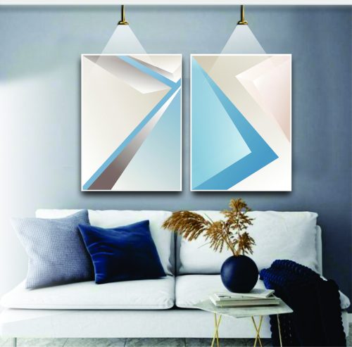 Jogo com 2 Quadros Decorativos Composição Abstrata em Tons de Azul e Nude