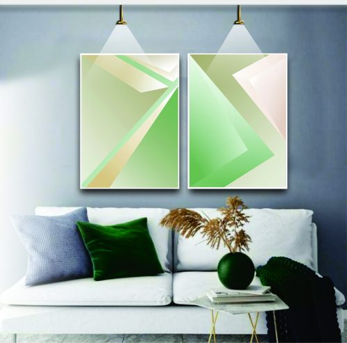 Jogo com 2 Quadros Decorativos Composição Abstrata em Tons de Verde e Nude