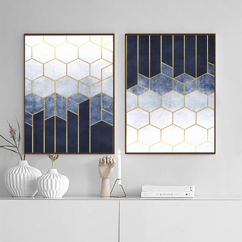 Jogo com 2 Quadros Composição Abstrata azul com detalhes dourados