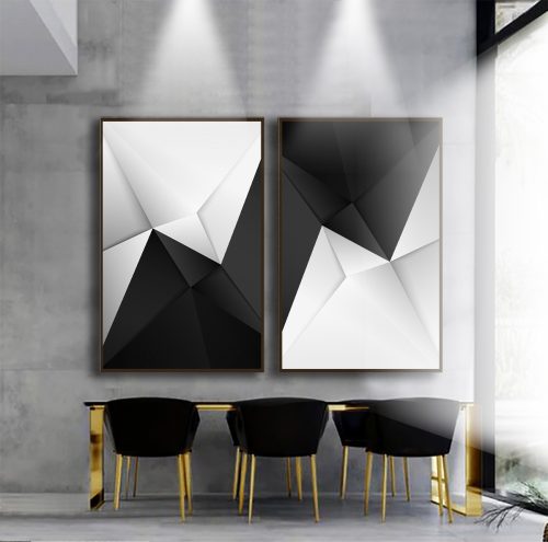 Jogo com 2 Quadros Decorativos Composição Abstrata Preto e Branco
