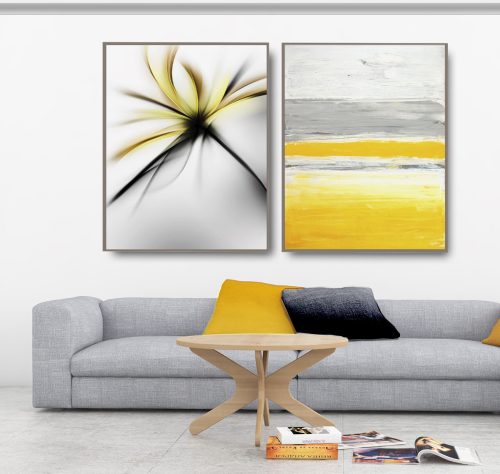 Jogo com 2 Quadros Decorativos Composição Abstrato e Floral em Tons de Amarelo