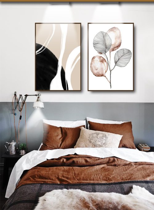 Jogo com 2 Quadros Decorativos Composição Abstrato e Floral em Tons de Rosa e Preto
