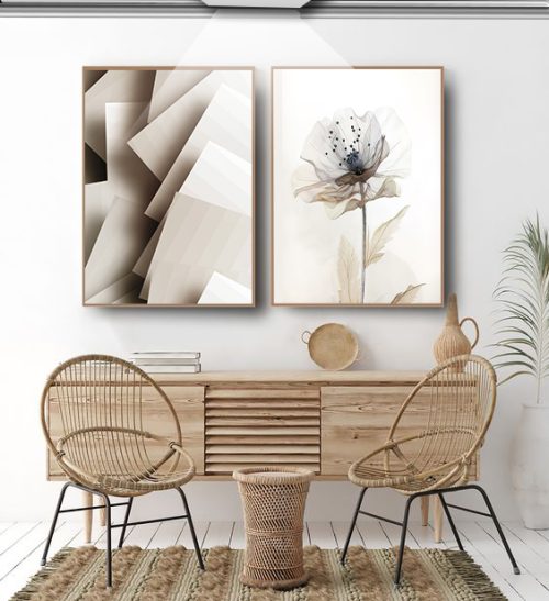 Jogo com 2 Quadros Decorativos Composição Abstrato e Floral em Tons Neutros