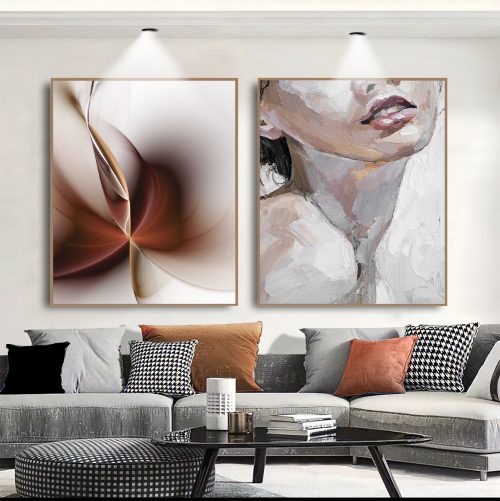 Jogo com 2 Quadros Decorativos Composição Abstrato e Figurativo com Detalhes Vermelhos
