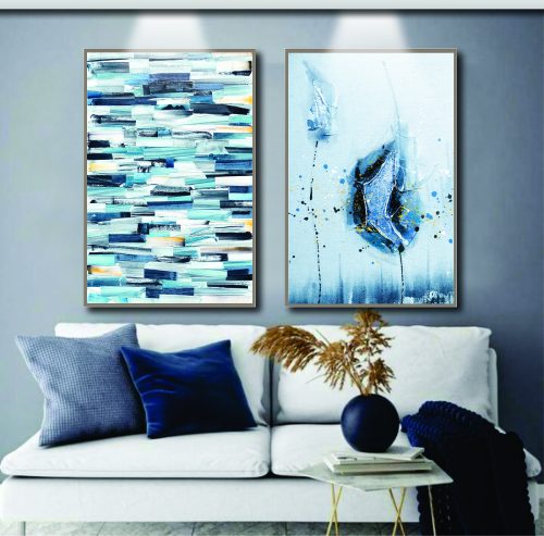 Jogo com 2 Quadros Decorativos Composição Abstrato com Tons de Azul