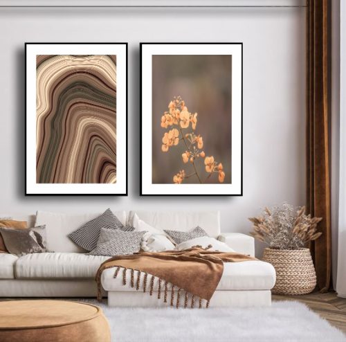 Jogo com 2 Quadros Decorativos Composição Abstrato e Floral com Tons de Marrom