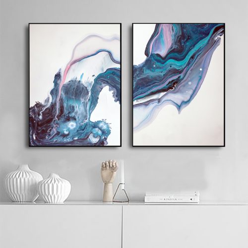 Jogo com 2 Quadros Decorativos Composição Abstrato Marmorizado com Tons de Azul e Lilas