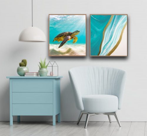 Jogo com 2 Quadros Composição Abstrata e Mar com tartaruga