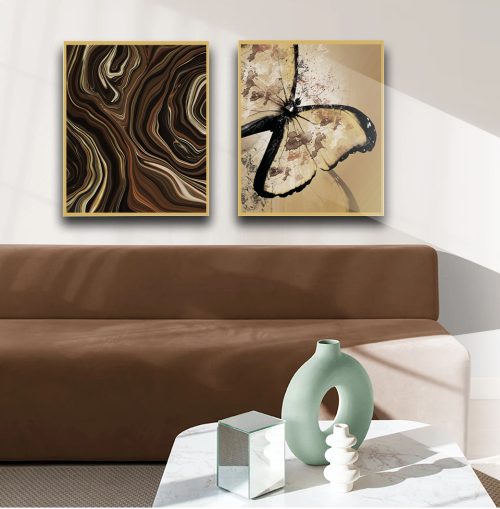 Jogo com 2 Quadros Composição Abstrato Marrom e Borboleta