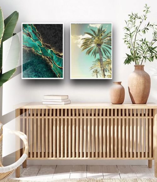 Jogo com 2 Quadros Composição Abstrato Verde e Coqueiros