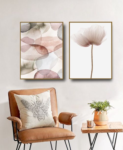 Jogo com 2 Quadros Decorativos Composição Abstrato e Floral com Tons de Rosa