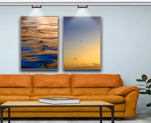 Jogo com 2 Quadros Decorativos Composição Entardecer Céu e Mar na Praia