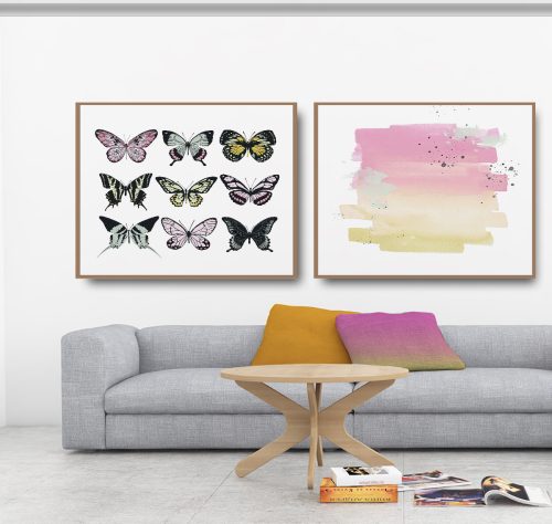 Jogo com 2 Quadros Decorativos Composição Abstrato e Borboletas com Tons de Rosa e Amarelo