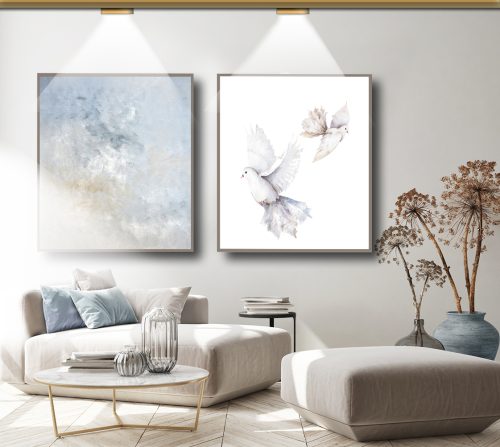 Jogo com 2 Quadros Decorativos Composição Abstrato Azul e Pombinhas da Paz