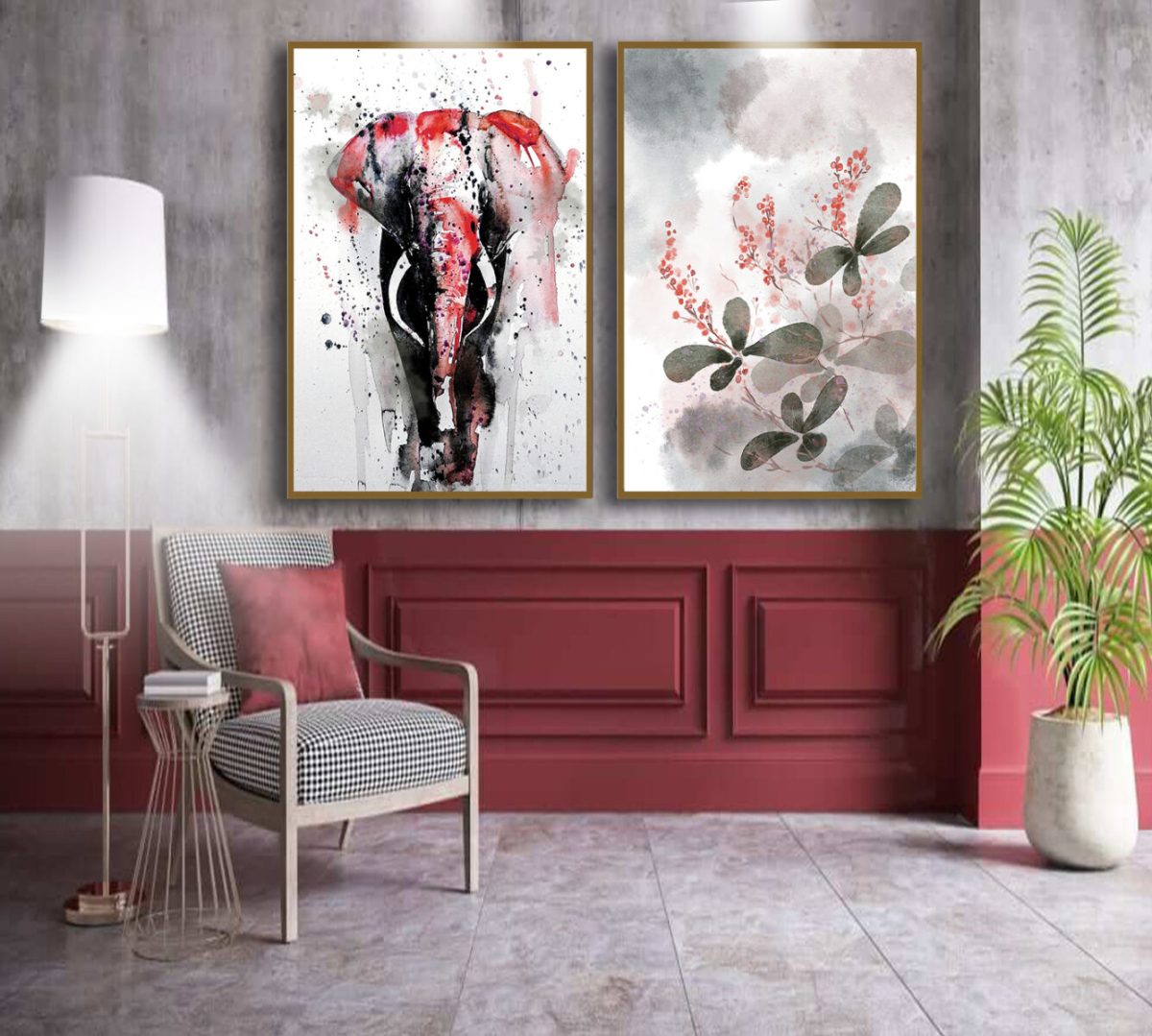 Jogo com 2 Quadros Decorativos Composição Abstrato Floral com Elefante em Aquarela - Imagem 3