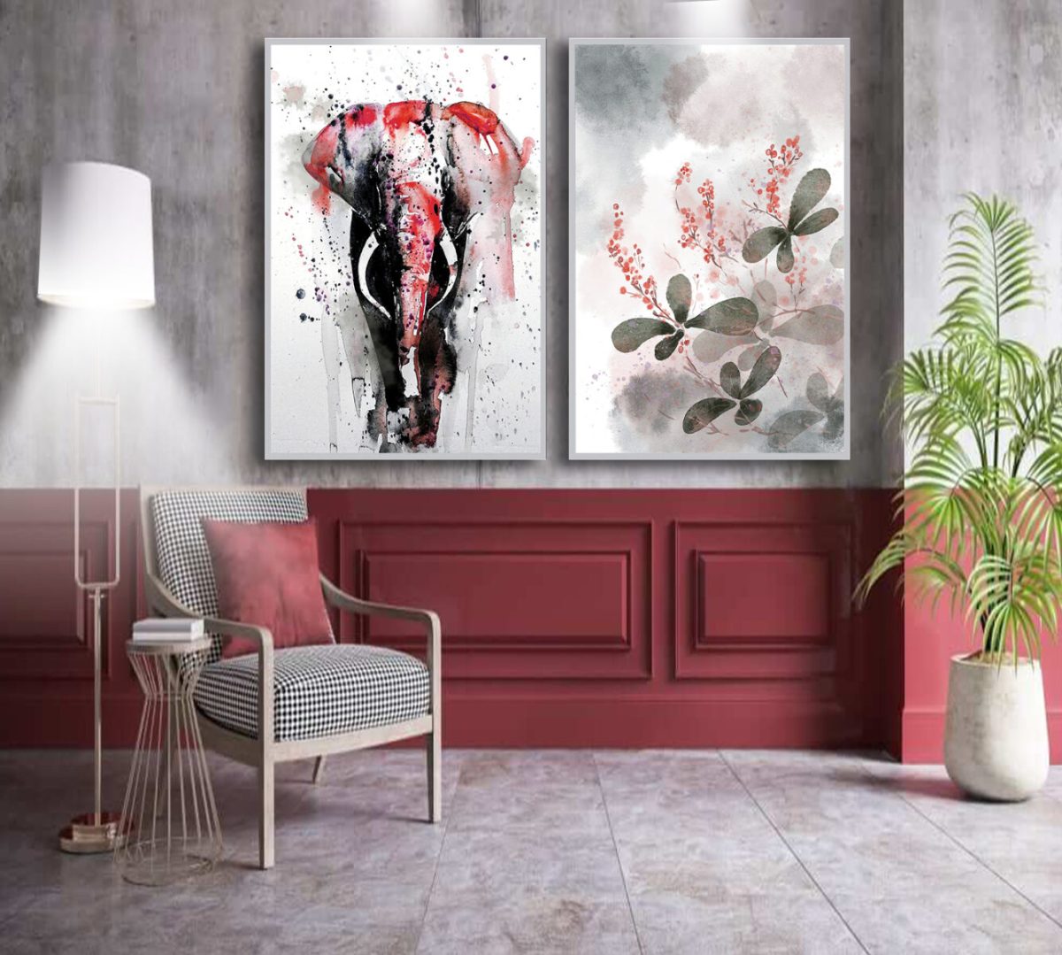 Jogo com 2 Quadros Decorativos Composição Abstrato Floral com Elefante em Aquarela - Imagem 6