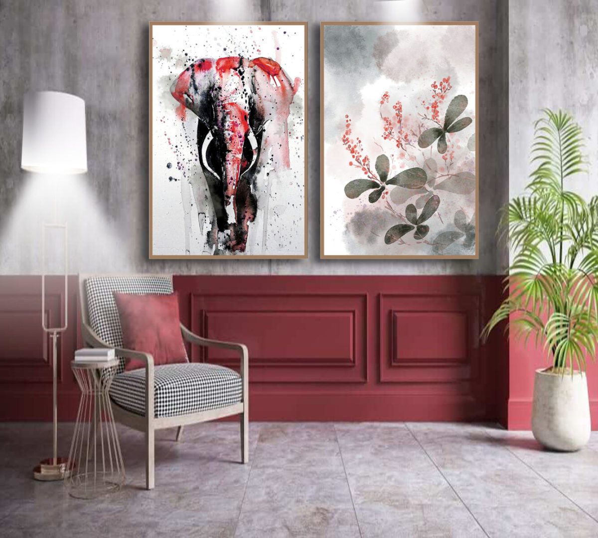 Jogo com 2 Quadros Decorativos Composição Abstrato Floral com Elefante em Aquarela - Imagem 9