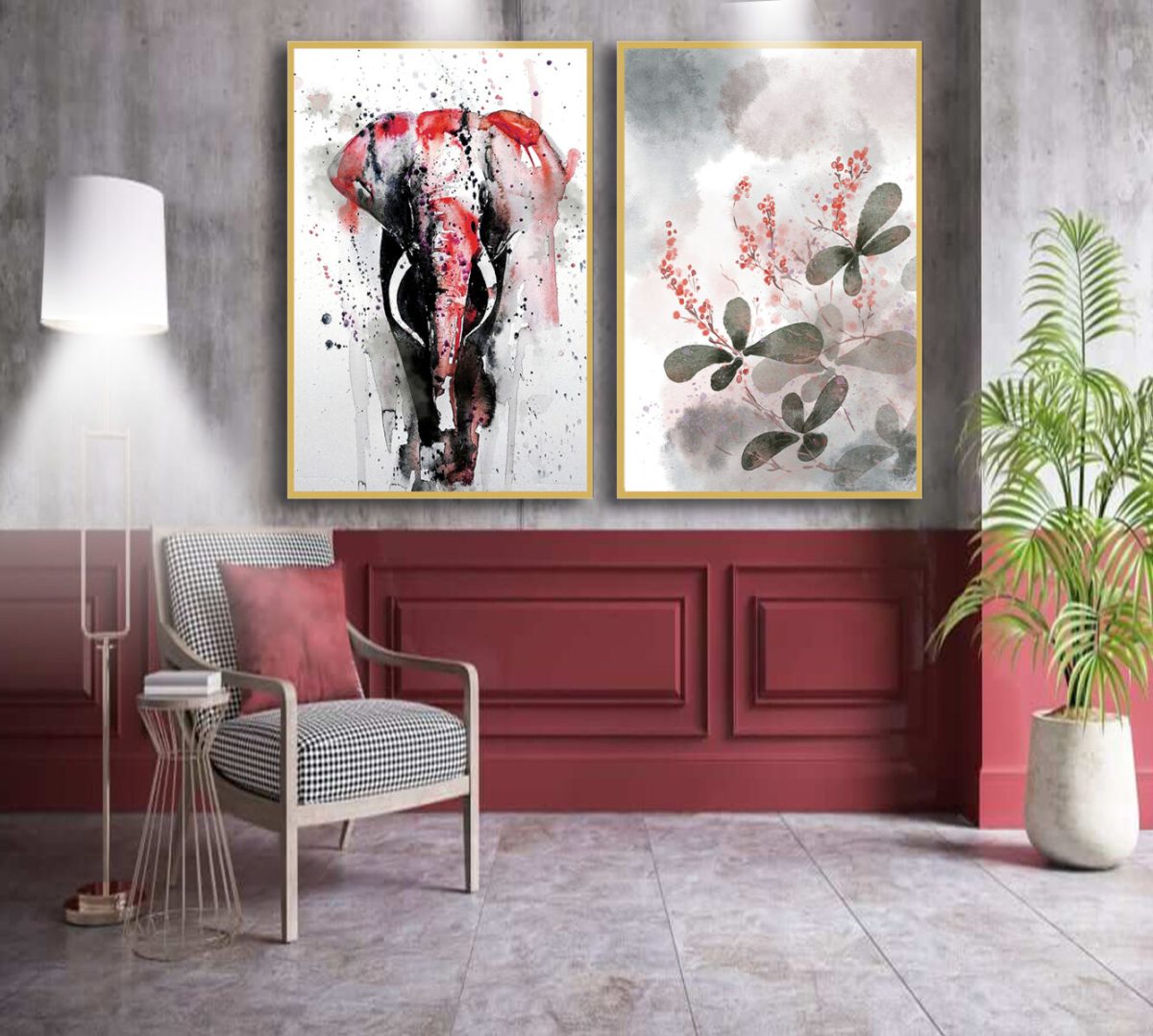 Jogo com 2 Quadros Decorativos Composição Abstrato Floral com Elefante em Aquarela - Imagem 10