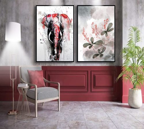 Jogo com 2 Quadros Decorativos Composição Abstrato Floral com Elefante em Aquarela