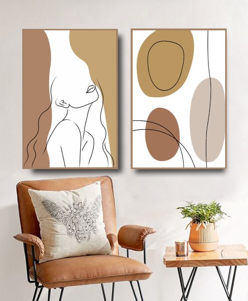 Jogo com 2 Quadros Decorativos Composição Abstrato e Figurativo em Tons Terrosos