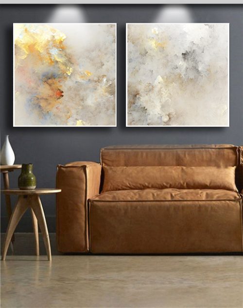 Jogo com 2 Quadros Decorativos Composição Abstrato com Tons Neutros