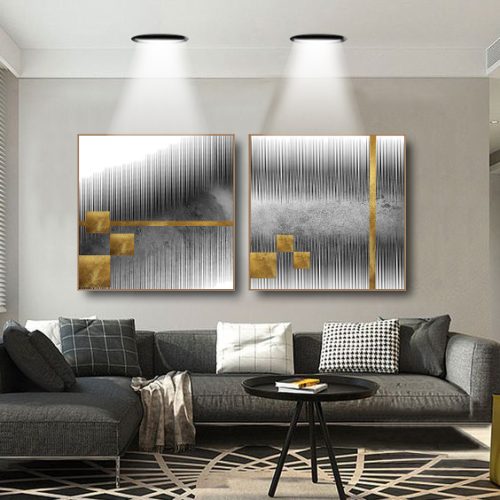 Jogo com 2 Quadros Decorativos Composição Abstrato com Tons de Preto e Dourado