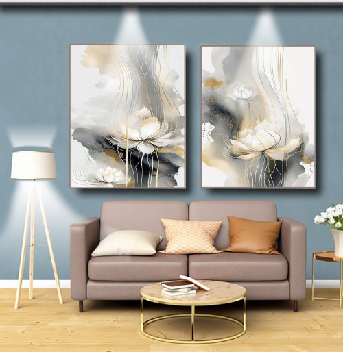 Jogo com 2 Quadros Decorativos Composição Floral Abstrato com Tons de Preto e Dourado