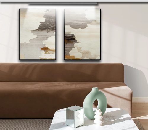 Jogo com 2 Quadros Decorativos Composição Abstrato com Tons Neutros