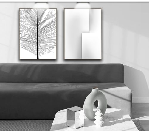 Jogo com 2 Quadros Decorativos Composição Abstrato e Folhas Preto e Branco