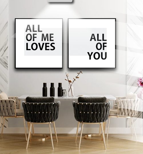 Jogo com 2 Quadros Decorativos Composição Escrita All of me loves ao Fundo Branco
