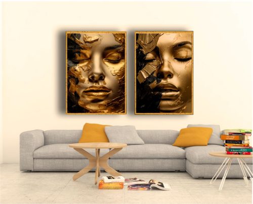 Jogo com 2 Quadros Composição Mulher Figurativa Dourada